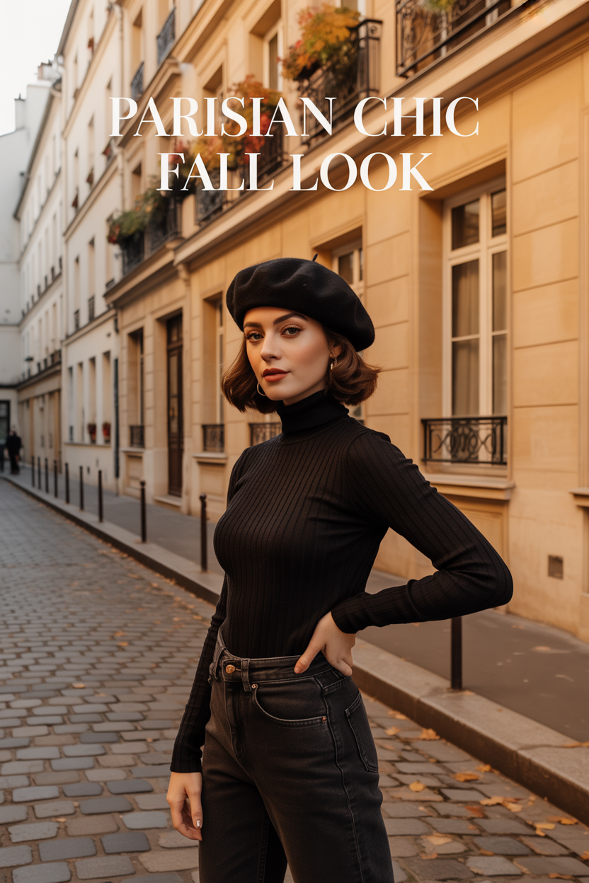 Stylish young woman in Parisian fall outfit, black turtleneck, beret, high-waisted jeans, autumn city street background, text overlay: “Parisian Chic Fall Look”, Pinterest style, warm tones.