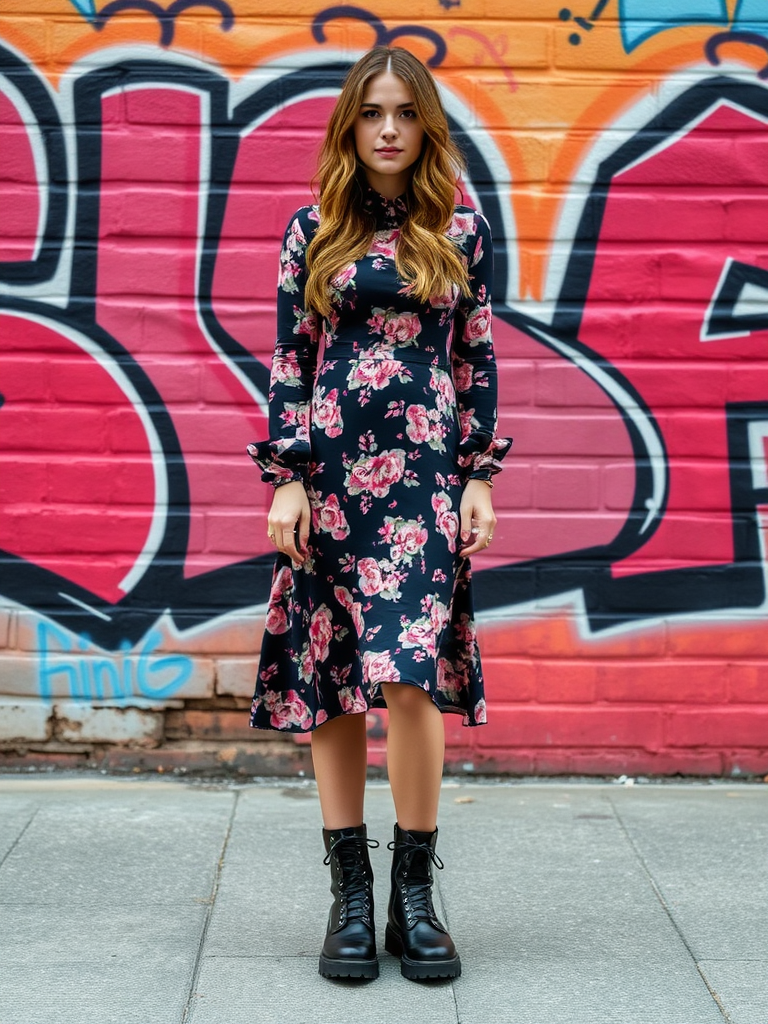 14. Floral Dress and Combat Boots