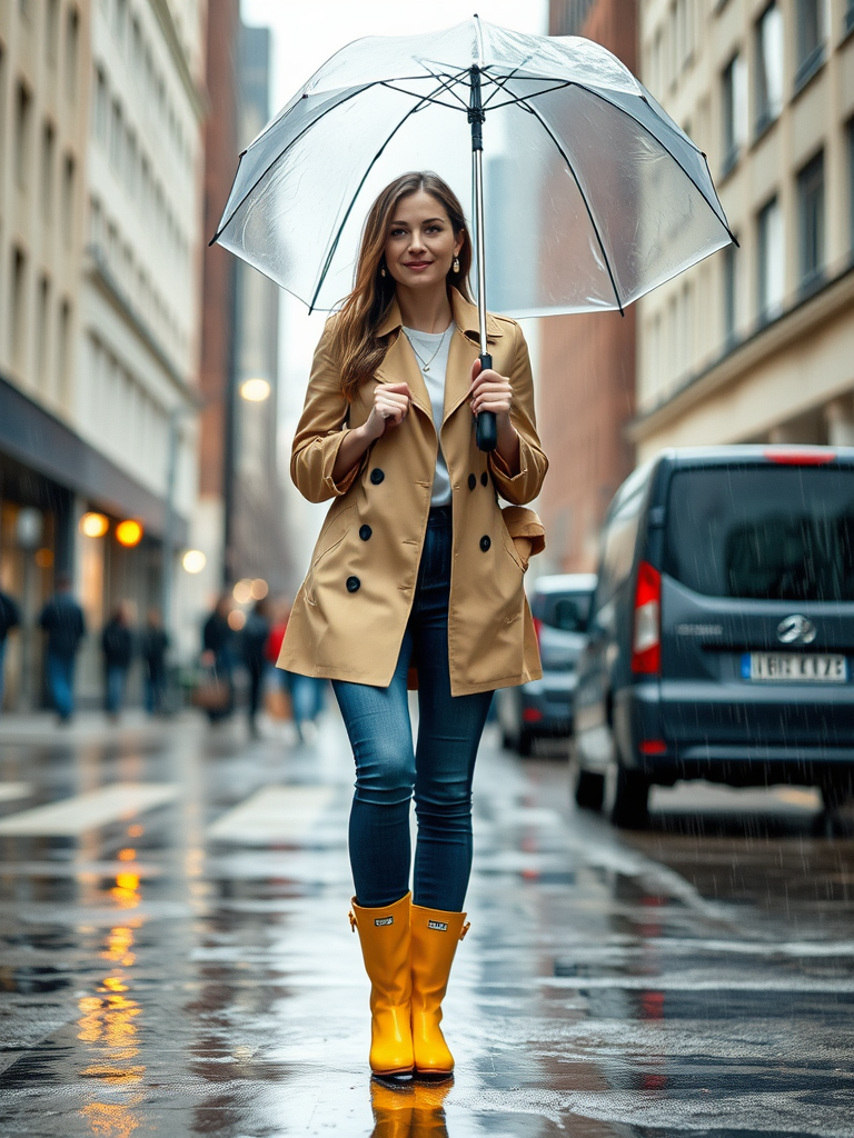 16. Trench Coat and Rain Boots