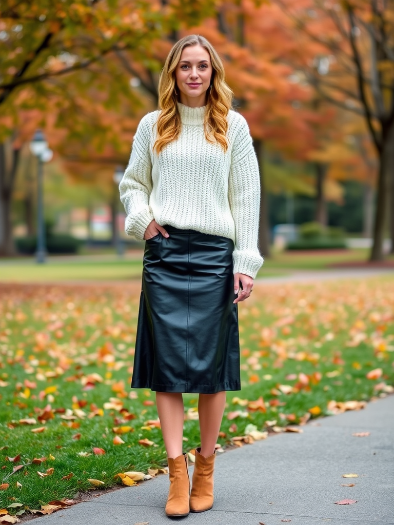 Leather Midi Skirt with Chunky Sweater