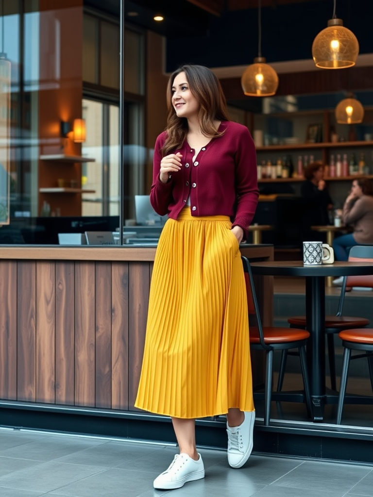 Pleated Midi Skirt with Cropped Cardigan