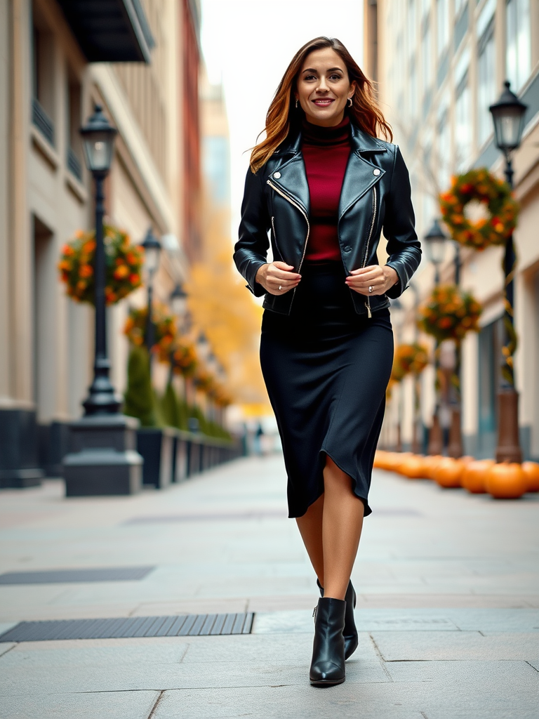 Leather Jacket and Midi Skirt