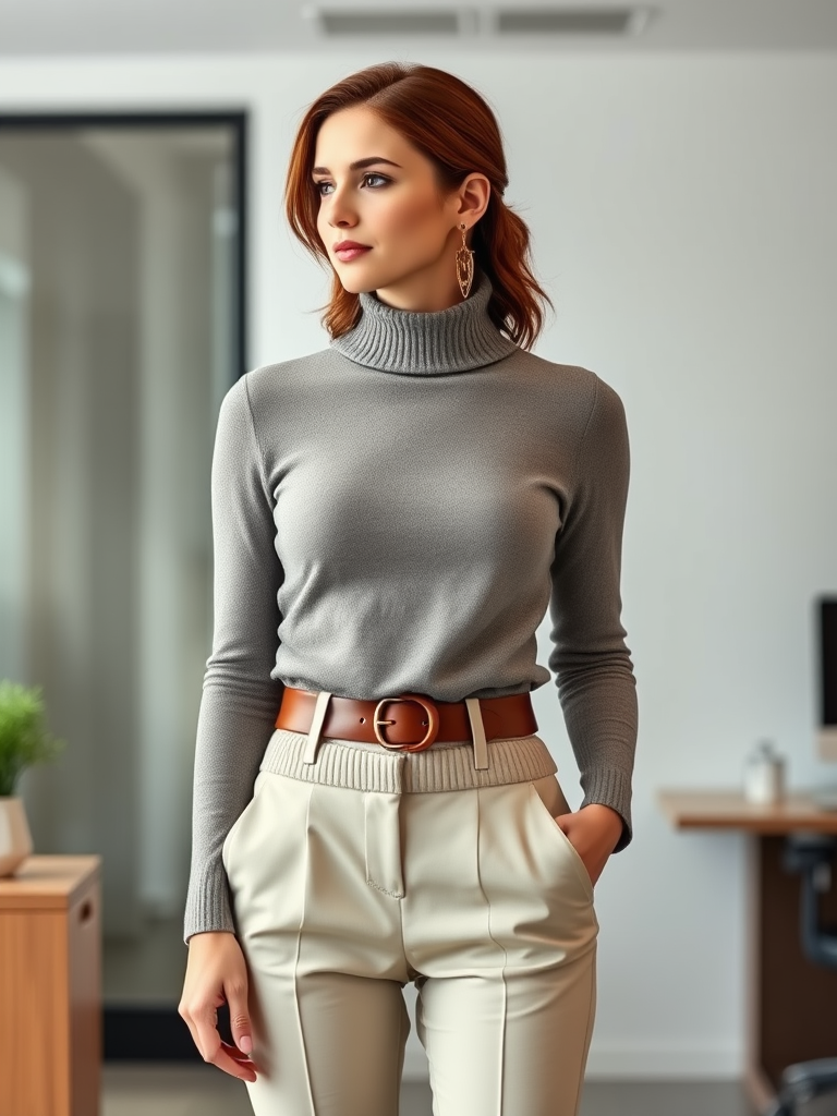 5. Turtleneck and High-Waisted Trousers