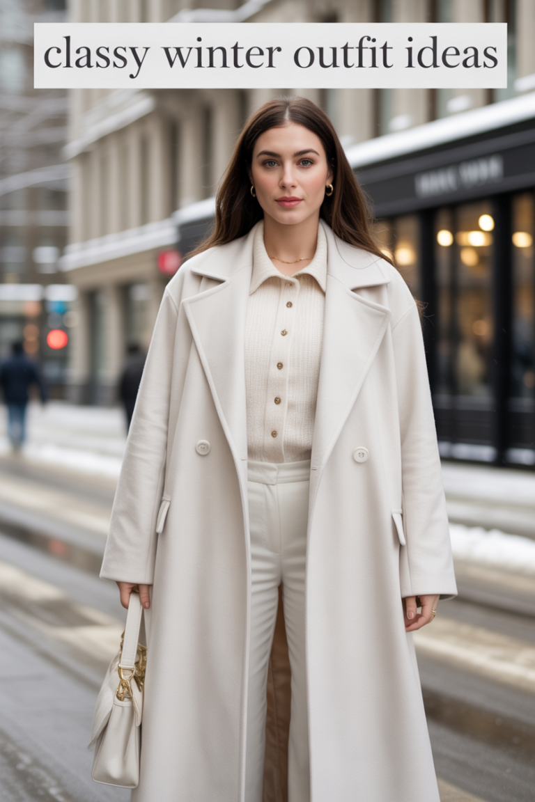 Attractive elegant woman wearing a chic winter white monochrome outfit, long wool coat, snowy city street background, soft lighting, luxury winter fashion style, text overlay: "Classy Winter Outfit Ideas", Pinterest-friendly, high detail, fashion editorial style