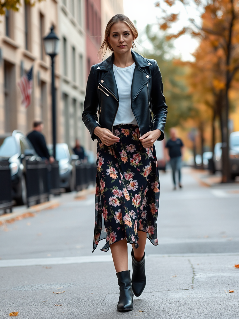 Leather Jacket and Midi Skirt