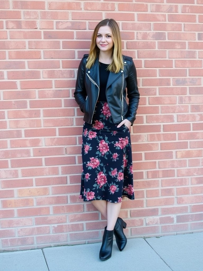 3. Leather Jacket and Midi Skirt