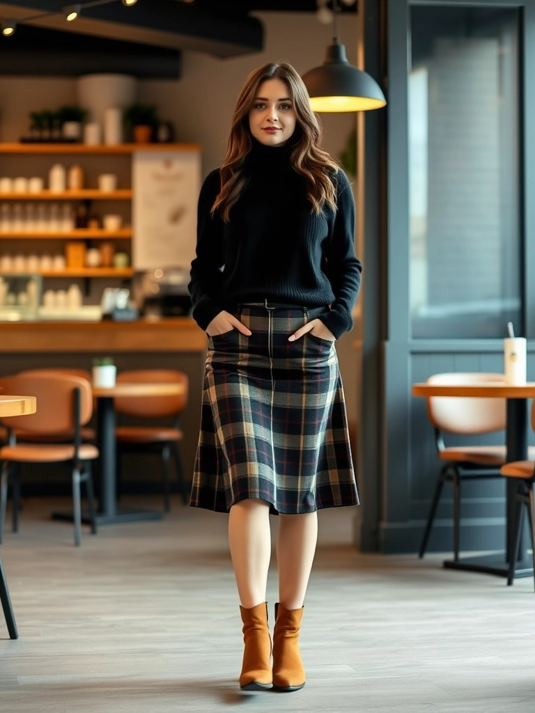 15. Turtleneck Sweater and Plaid Skirt