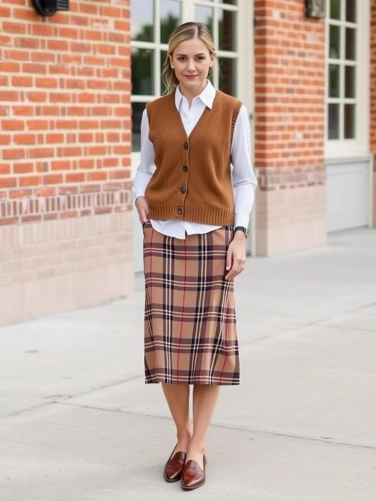 Sweater Vest Over Button-Down and Midi Skirt