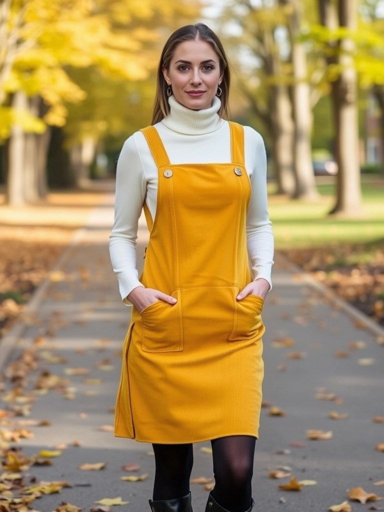 Turtleneck, Pinafore Dress, and Tights