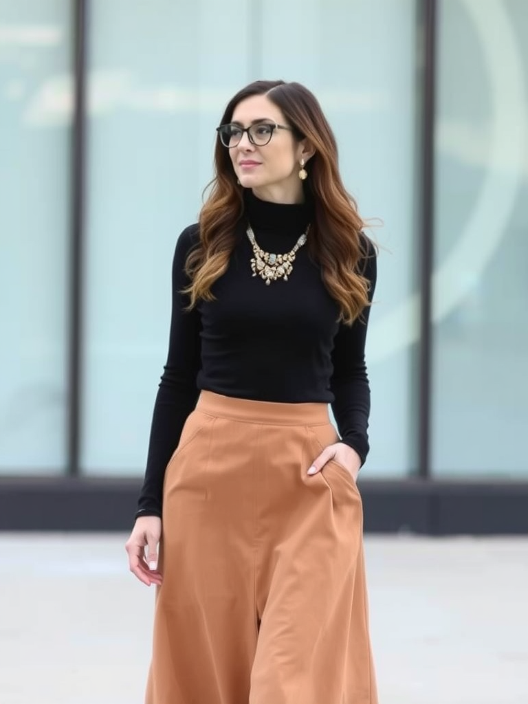 Turtleneck and Midi Skirt