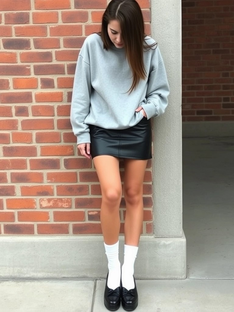22. Oversized Sweatshirt and Leather Mini Skirt