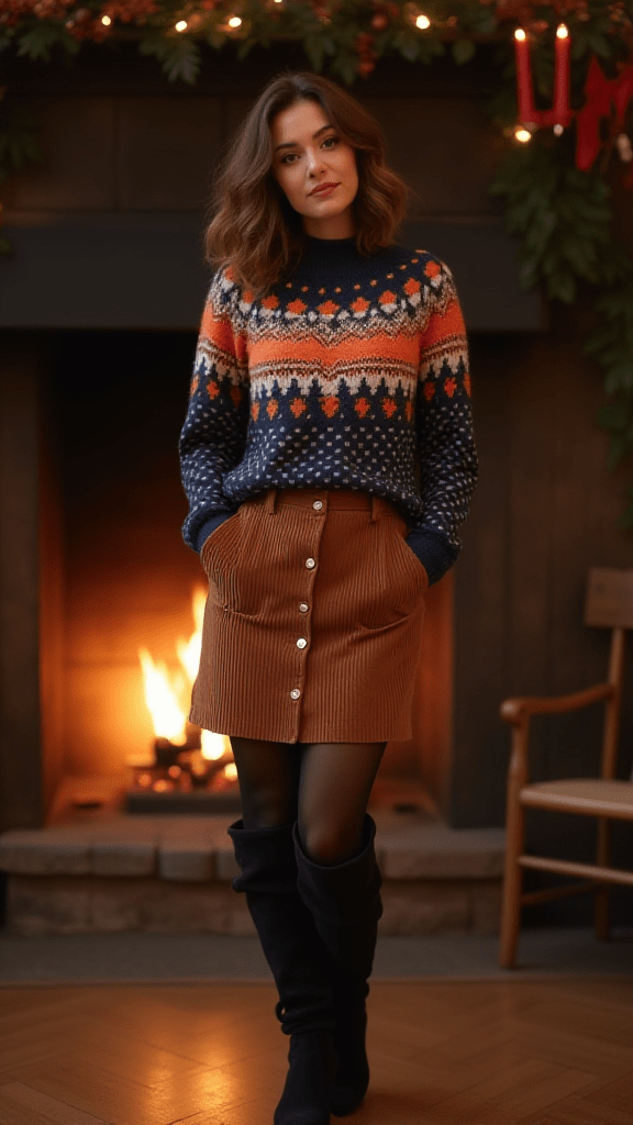 Fair Isle Sweater and Corduroy Skirt