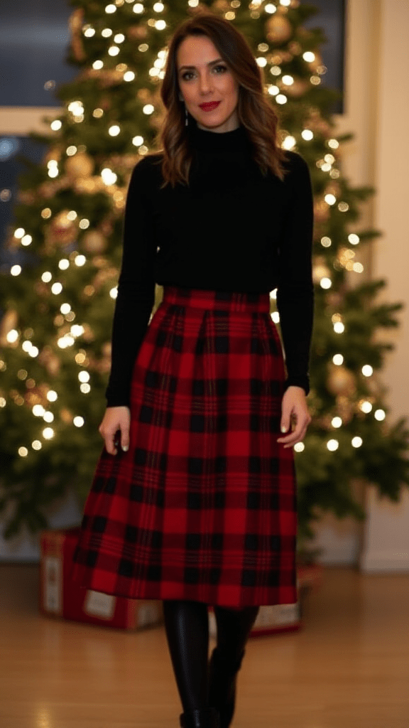 Turtleneck Sweater and Plaid Skirt