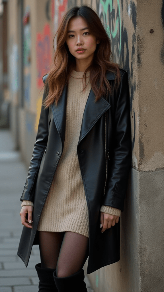 8. Leather Jacket and Sweater Dress