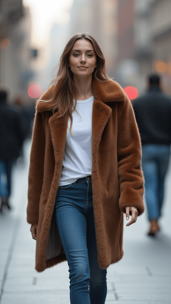 14. Faux Fur Coat and Jeans