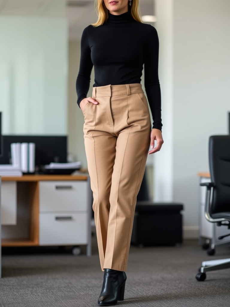 Turtleneck and High-Waisted Trousers