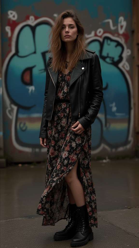 Printed Maxi Dress and Combat Boots