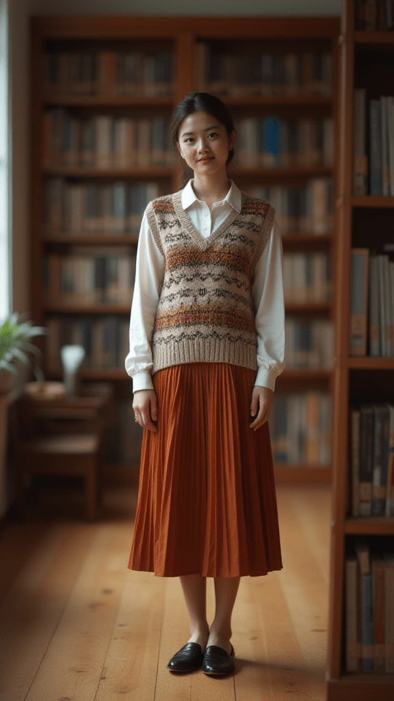 Sweater Vest Over Button-Down and Pleated Skirt
