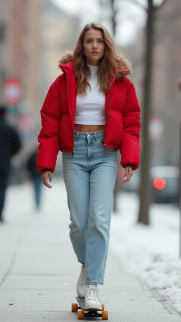 Cropped Puffer Jacket and Mom Jeans