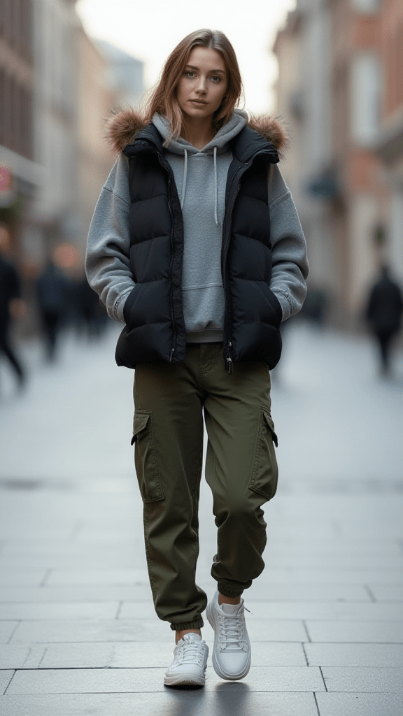Puffer Vest Over Hoodie and Cargo Pants