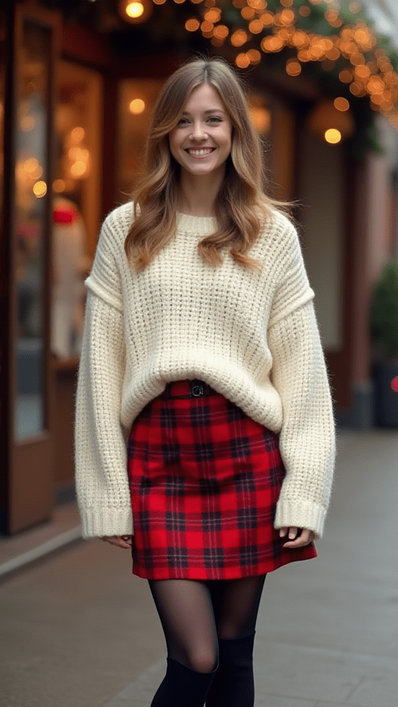 Plaid Mini Skirt and Chunky Knit Sweater