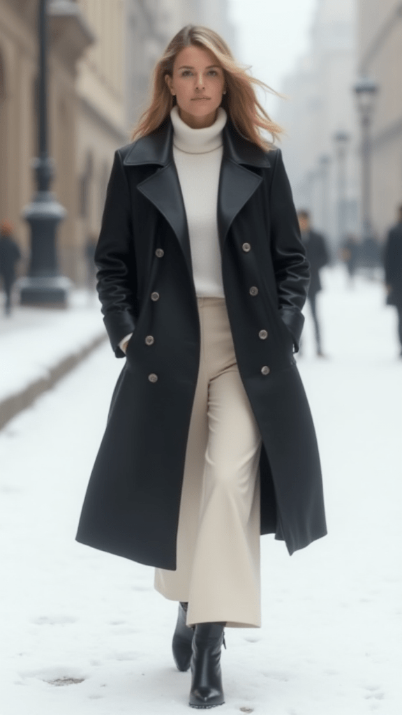 Leather Trench Coat and Wide-Leg Trousers