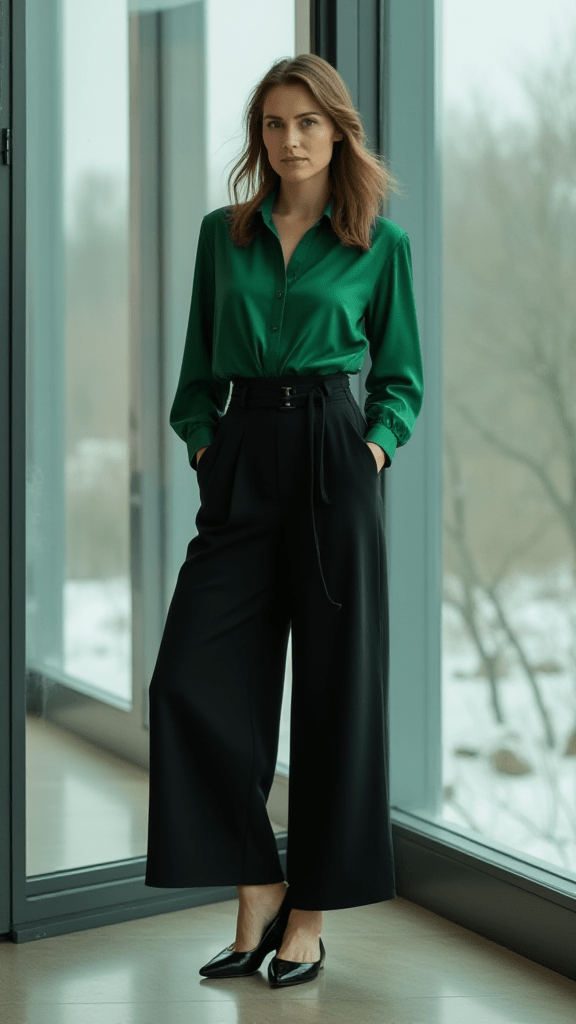 Silk Blouse and High-Waisted Trousers