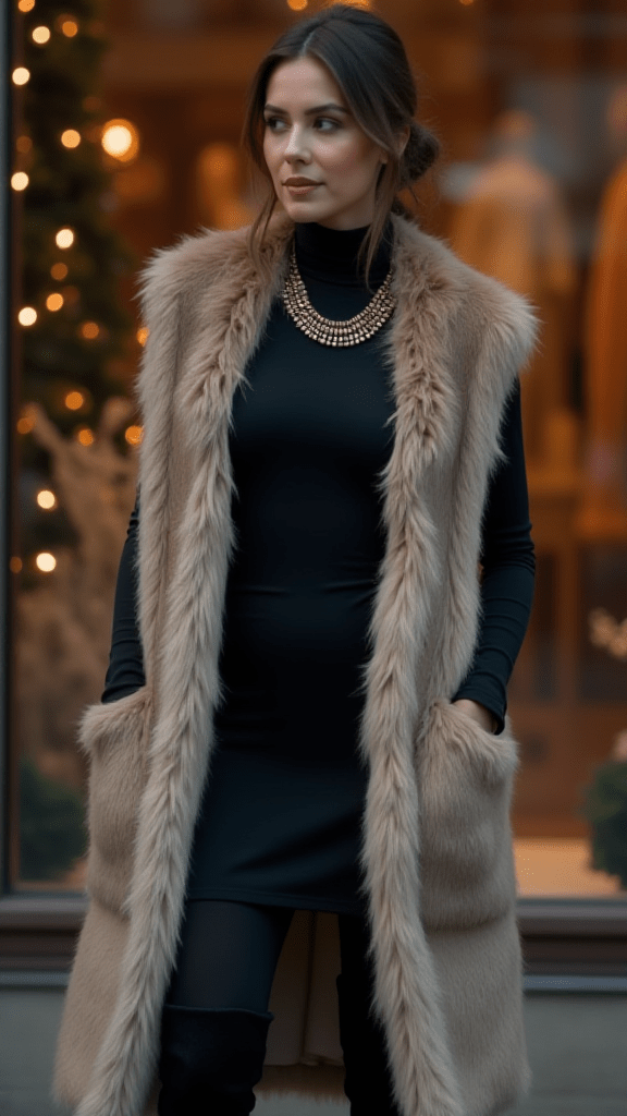 15. Faux Fur Vest and Turtleneck Dress