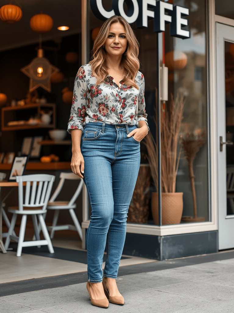 High-Waisted Jeans and Tucked-in Blouse